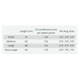 A table showing rug size specs with length circumference and compatible sizes for gallop trojan xtra 50g turnout rug
