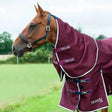Maroon gallop trojan xtra neck cover turnout rug with white trim and navy blue buckles trojan xtra 50g