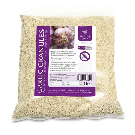 A 1kg bag of km elite garlic granules in a clear pouch with a purple label that supports respiratory health and blood pressure