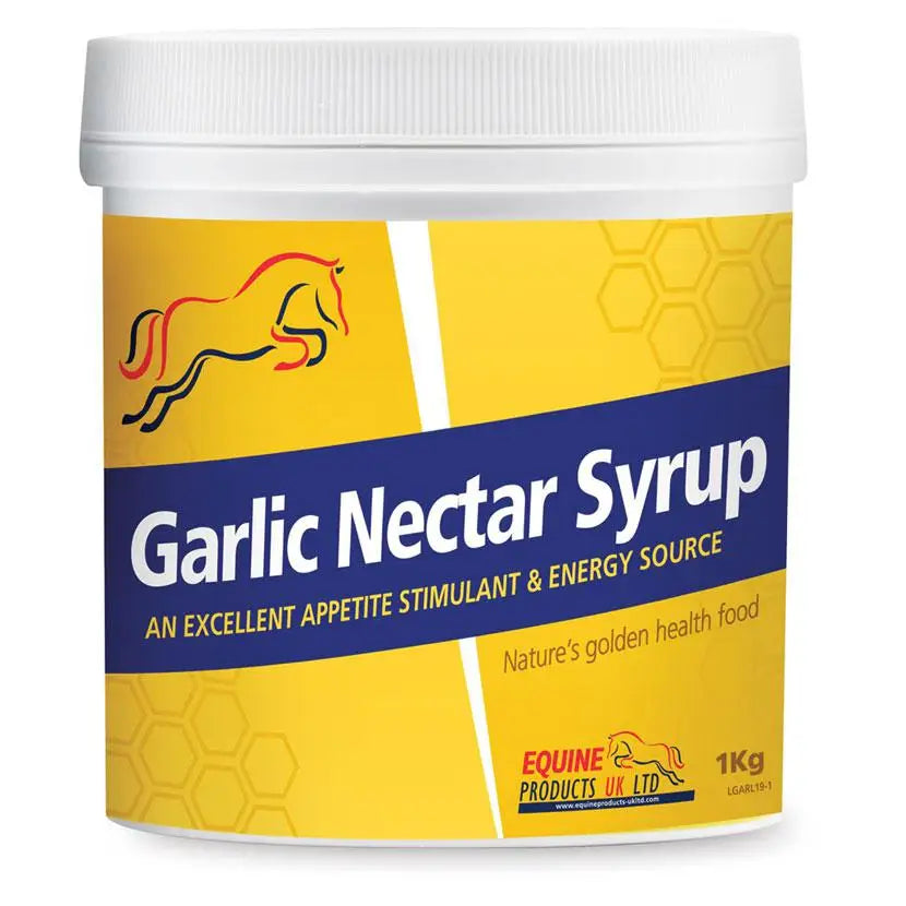 Yellow and blue labeled container of garlic nectar syrup by equine products uk ltd, an excellent appetite stimulant performance supplement