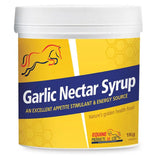 Yellow and blue labeled container of garlic nectar syrup by equine products uk ltd, an excellent appetite stimulant performance supplement