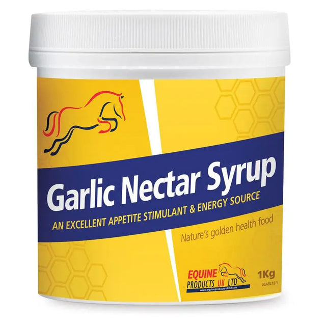 Yellow and blue labeled container of garlic nectar syrup by equine products uk ltd, an excellent appetite stimulant performance supplement