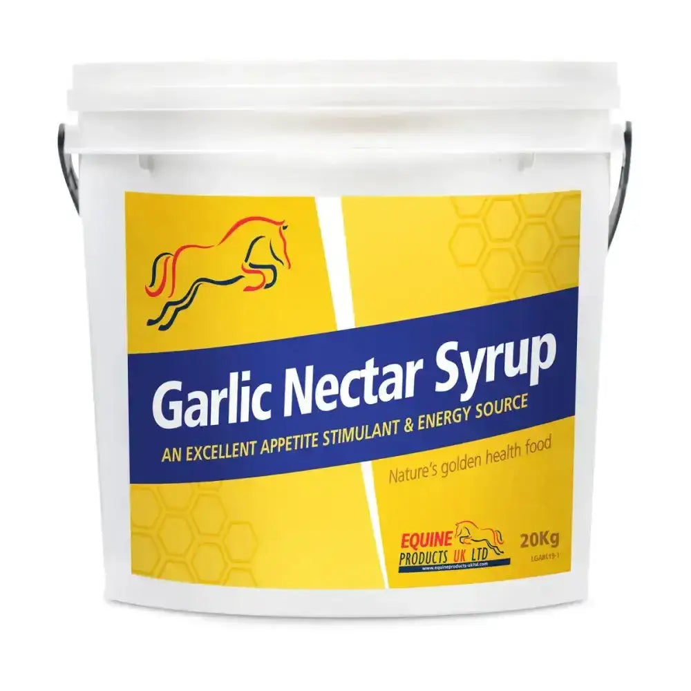 White plastic bucket of garlic nectar syrup by equine products uk ltd with orange horse silhouette for performance supplements
