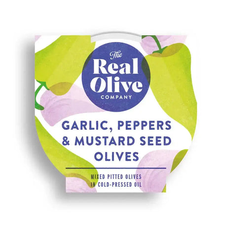 The real olive company garlic peppers and mustard seed pitted olives in colorful container with green olives inside