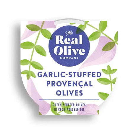 The real olive company garlic stuffed green olives in a white green and purple floral container