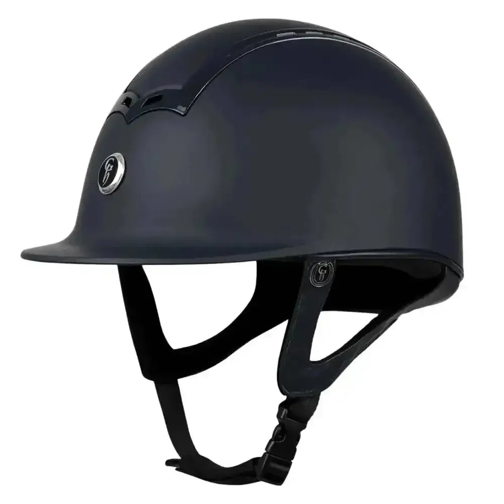 Black gatehouse ciana riding hat with smooth matte finish and silver logo emblem, comes with padded storage bag