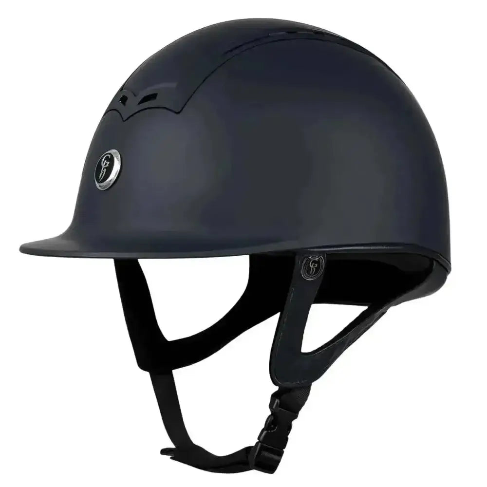 Black gatehouse ciana riding hat with matte finish and adjustable straps shown with padded storage bag option