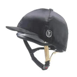 Black gatehouse hat silk equestrian helmet with glossy finish white logo and tan leather straps for hat silks use