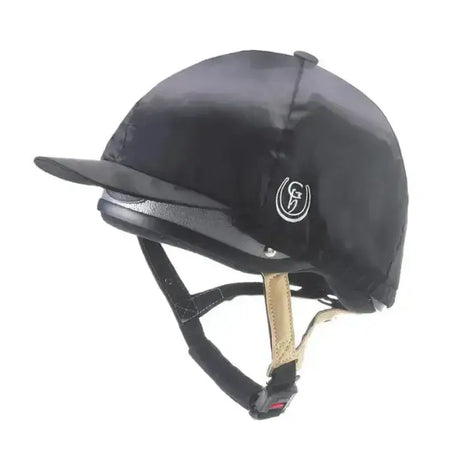 Black gatehouse hat silk equestrian helmet with glossy finish white logo and tan leather straps for hat silks use