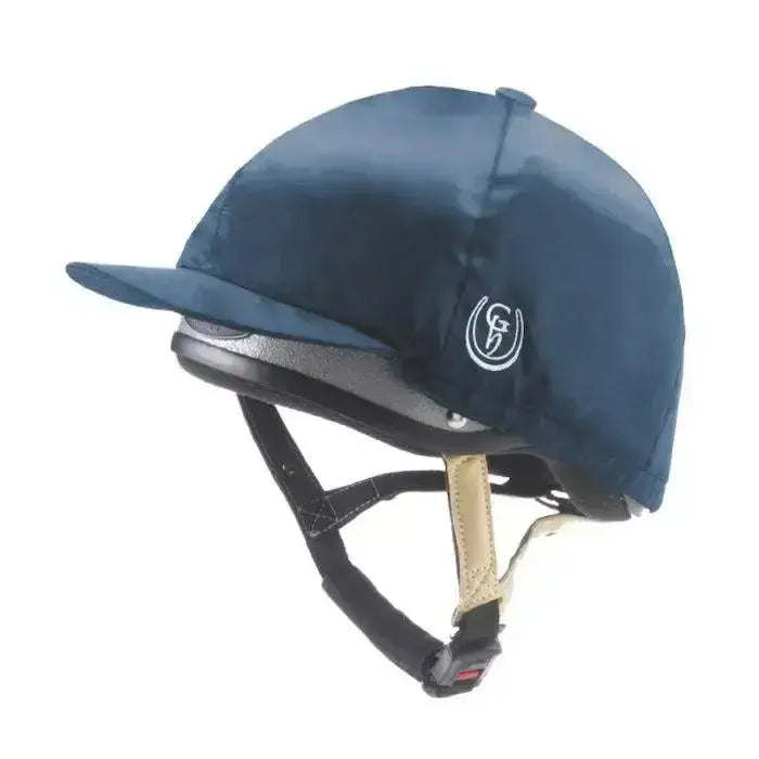 Navy blue gatehouse hat silk helmet cover with white logo and beige leather straps for gatehouse jockey skulls