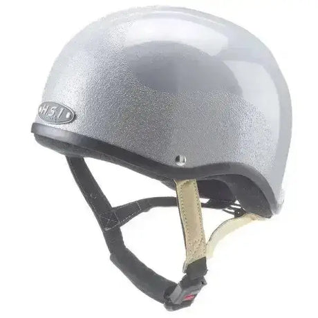 Silver metallic gatehouse hs1 jockey skull riding helmet with black and beige straps and glossy finish