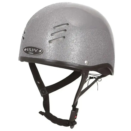 Silver glitter gatehouse hs1-v vented jockey skull helmet with black straps and sleek aerodynamic design for riding