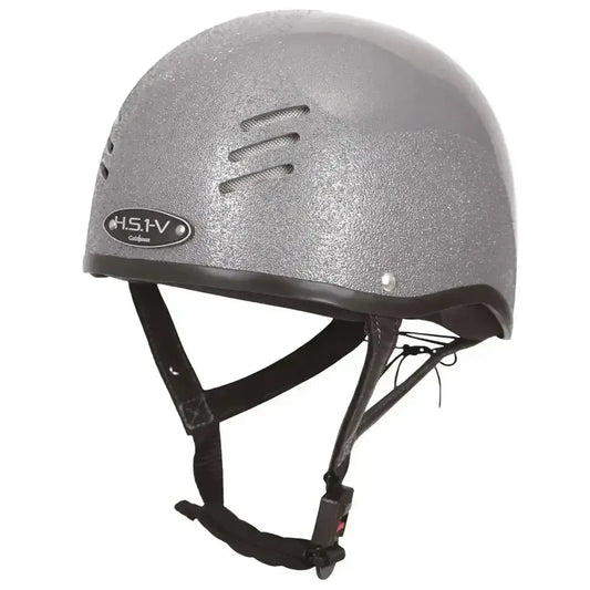 Silver glitter gatehouse hs1-v vented jockey skull helmet with black straps and sleek aerodynamic design for riding