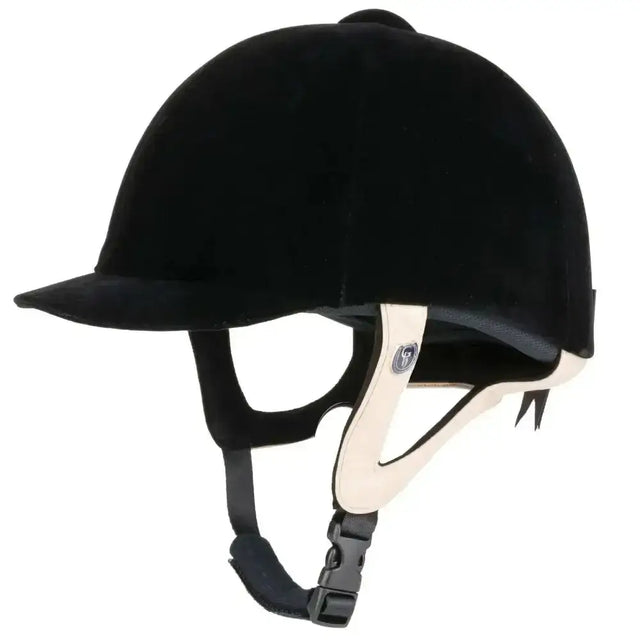 Black velvet gatehouse jeunesse velvet equestrian helmet with smooth rounded dome and short brim for riding use