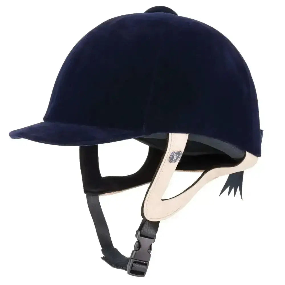 Navy blue gatehouse jeunesse velvet equestrian helmet with cream padding and black straps for velvet riding hats