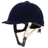 Navy blue gatehouse jeunesse velvet equestrian helmet with cream padding and black straps for velvet riding hats