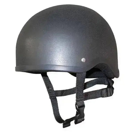 Black matte gatehouse jockey skull kids riding helmet with adjustable three point harness and silver rivet side detail