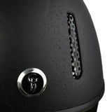 Black matte gatehouse r20 jockey helmet with circular chrome emblem and ventilation slot for cross country rides