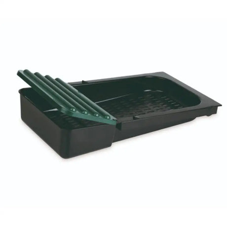 Black plastic gaun basket with green slatted lid partially open designed as a plastic tray for laying nest use