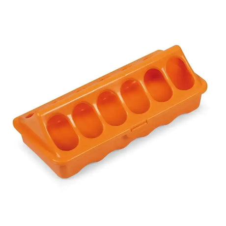 Bright orange plastic chick ground feeder trough with six oval compartments for easy feeding use