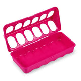 Bright pink plastic pill organizer with hinged lid and oval compartments for gaun chick ground feeder trough use