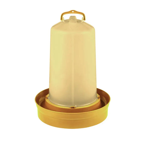 Cream-colored plastic gaun chicken drinker with gold-toned metal handle and deep base for poultry use