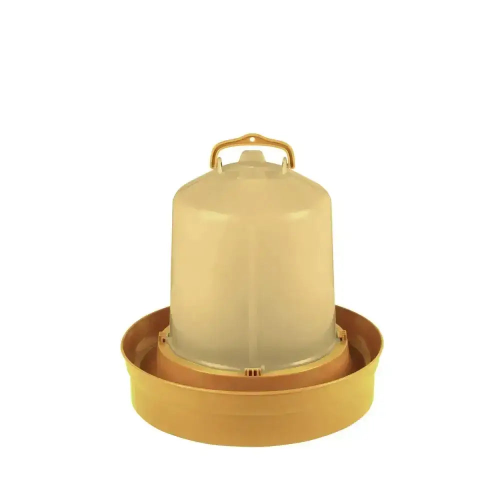 Translucent beige plastic gaun chicken drinker with gold metal handle and deep base for easy feeding