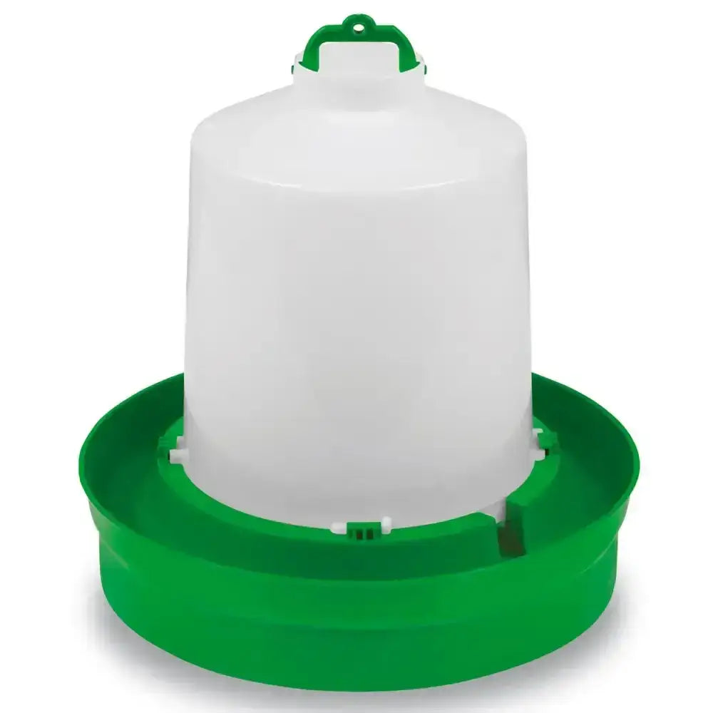White and green plastic gaun chicken drinker with a dome reservoir and circular drinker deep base for poultry use