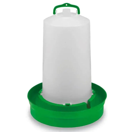 White plastic gaun chicken drinker with a deep green handle and base for easy poultry watering