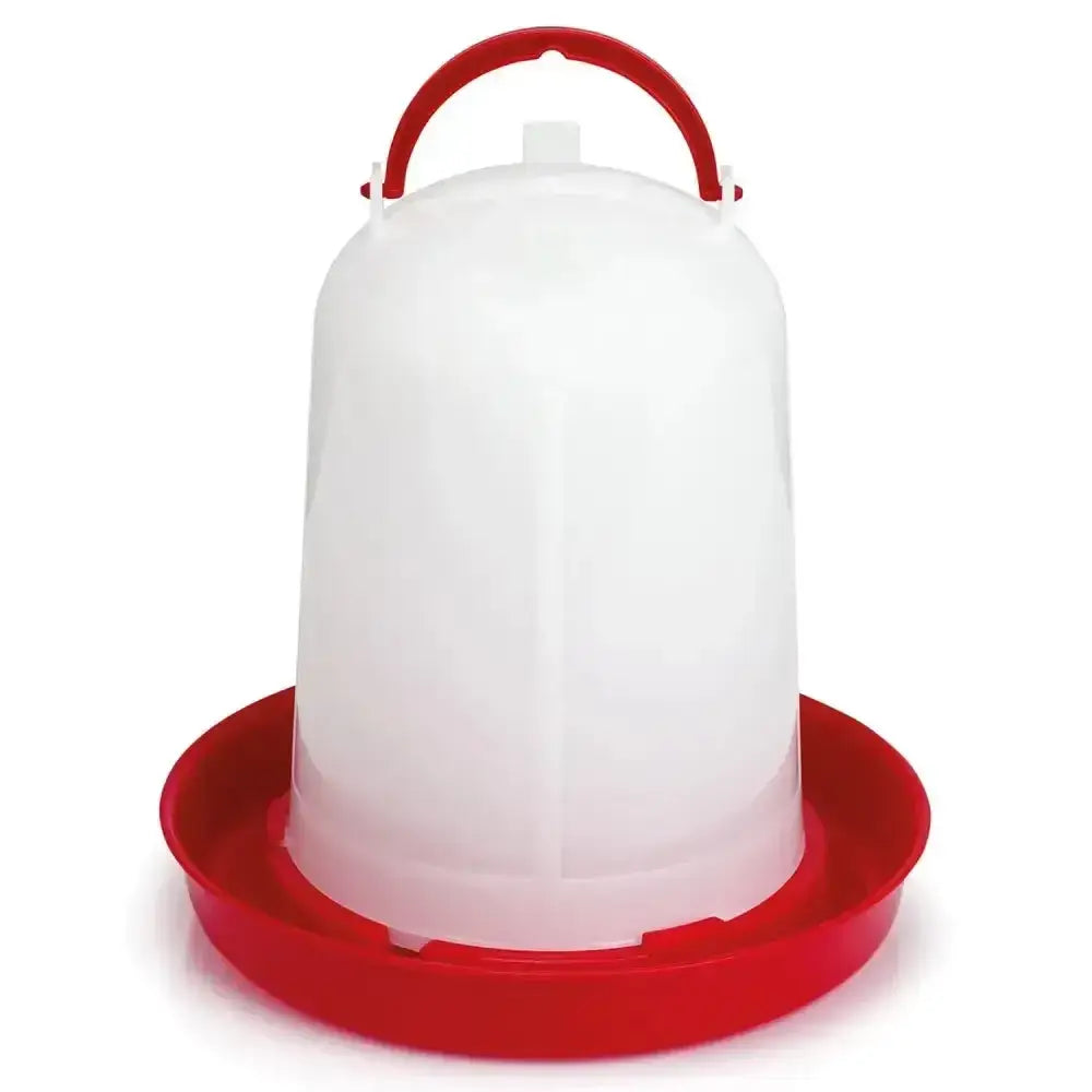 White plastic gaun chicken drinker eco red with a red handle and base durable plastic drinker for poultry use