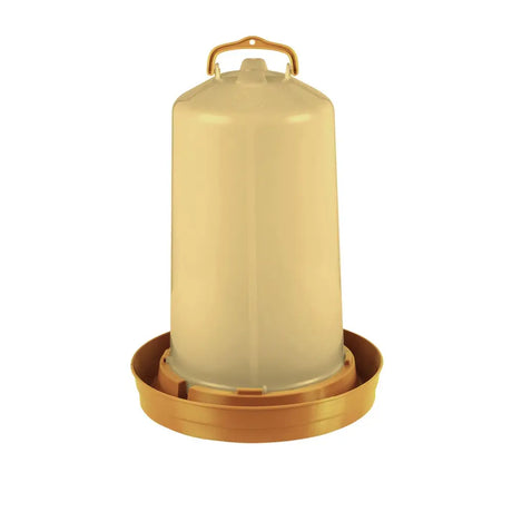 Cream-colored durable plastic gaun chicken drinker with gold-toned metal handle and base chicken drinker gold