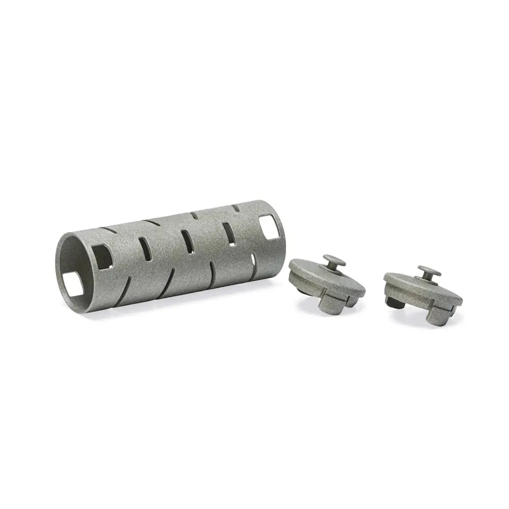 Gray metallic cylindrical gaun chicken snak roll with rectangular cutouts and circular caps made from recycled plastic