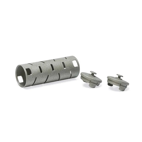 Gray metallic cylindrical gaun chicken snak roll with rectangular cutouts and circular caps made from recycled plastic