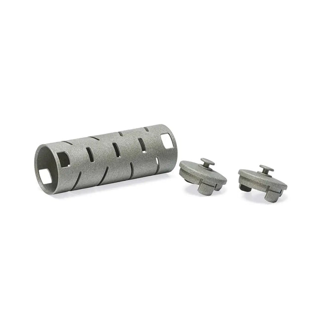 Gray metallic cylindrical gaun chicken snak roll with rectangular cutouts and circular caps made from recycled plastic