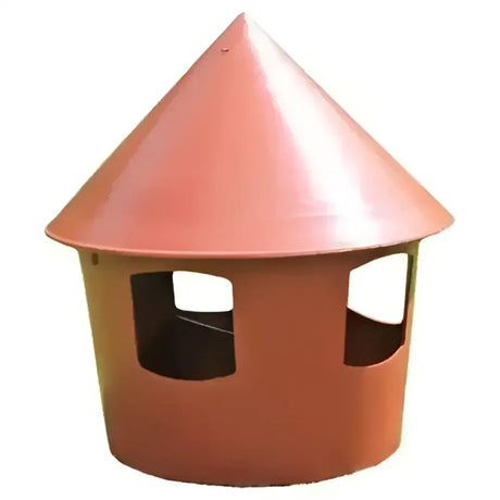 Terracotta gaun feeder drinker with cone roof and two rectangular openings for game birds like pigeons