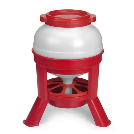 Red and white plastic gaun hopper feeder with dome top and tough feed trough for durable poultry feeding