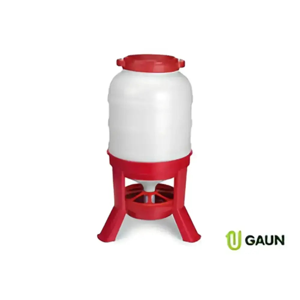Gaun hopper feeder tough feed trough with red and white plastic cylindrical tank and three-legged robust base