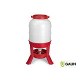 Gaun hopper feeder tough feed trough with red and white plastic cylindrical tank and three-legged robust base