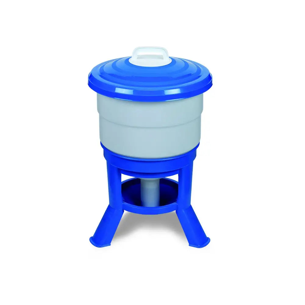 Blue plastic poultry feeder with gray chamber and white handle from gaun imperial drinkers blue series