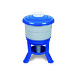 Blue plastic poultry feeder with gray chamber and white handle from gaun imperial drinkers blue series