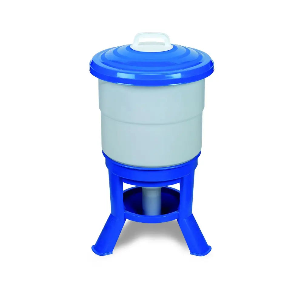 Blue plastic poultry feeder with translucent gray body and white handle lid from gaun imperial drinkers blue collection