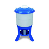 Blue plastic poultry feeder with translucent gray body and white handle lid from gaun imperial drinkers blue collection