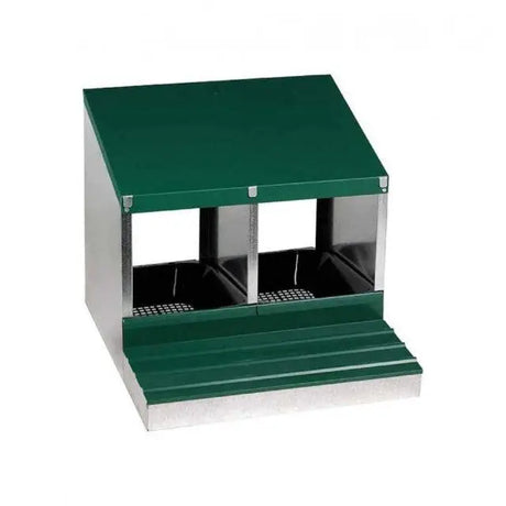 Green and silver gaun laying nest with two compartments and stepped base for chicken nesting boxes to lay eggs