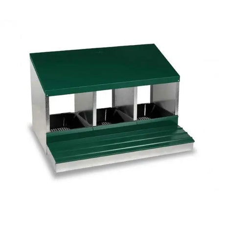 Green and stainless steel gaun laying nest with three compartments for chicken nesting boxes to lay eggs