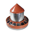 Orange and silver gaun metal hanging feeder with conical top circular base and multiple feeding slots for poultry
