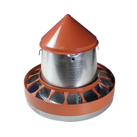 Orange and silver gaun metal hanging feeder with conical top circular base and multiple feeding slots for poultry