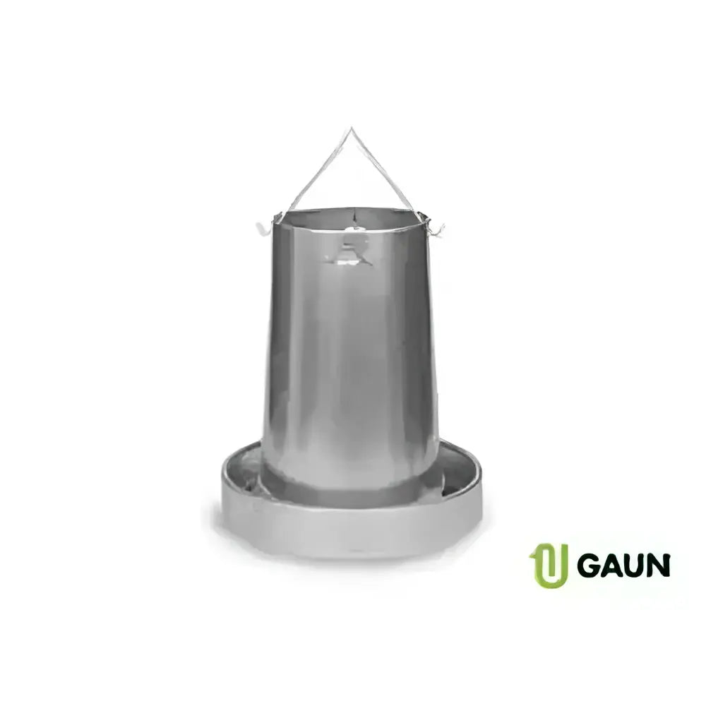 Silver metallic gaun metal hanging feeder with circular base and hanging loop for poultry feeding