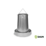 Silver metallic gaun metal hanging feeder with circular base and hanging loop for poultry feeding