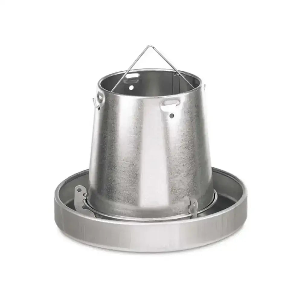 Silver galvanized gaun metal hanging feeder with circular tray and hanging loop for easy use as metal hanging feeder