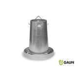 Silver metallic gaun metal hanging feeder with cylindrical body flat tray base and hanging loop for poultry feeding